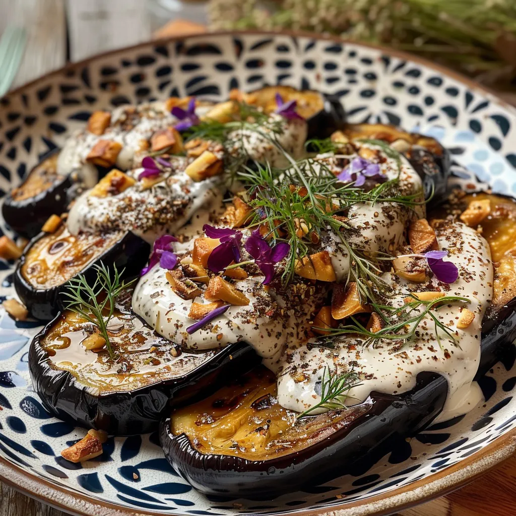 Aubergines ail noir, yaourt et herbes fraîches