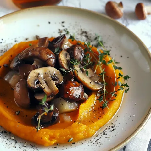 Purée de courge et fricassée de champignons aux saveurs automnales