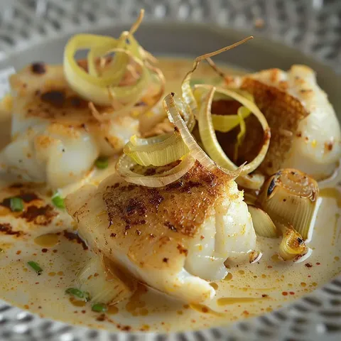 Cabillaud et Curry avec Poireaux Frits