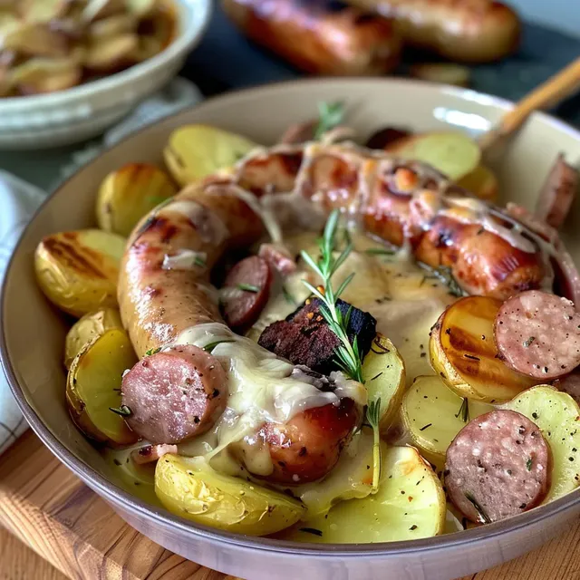 Mont d'Or au four avec saucisses et patates rôties