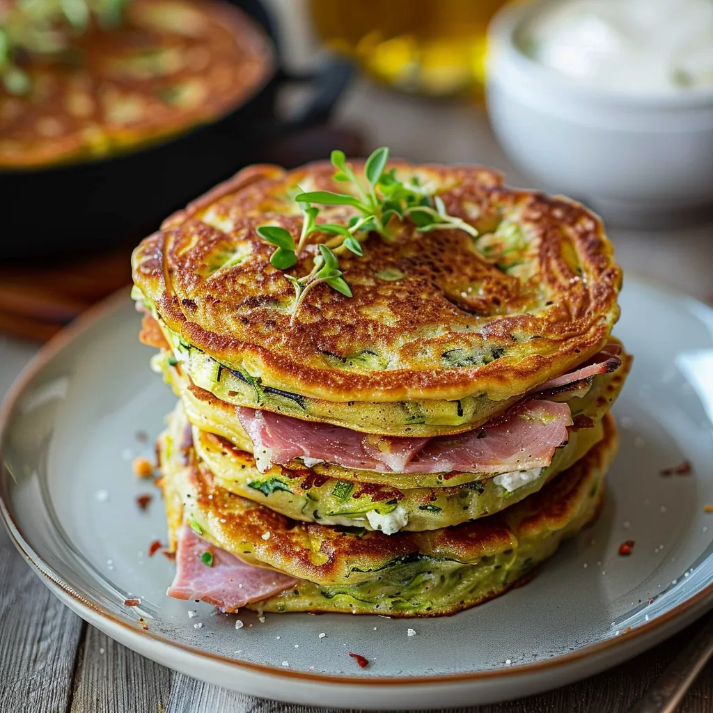 Pancakes gourmands garnis de courgette, chèvre et jambon