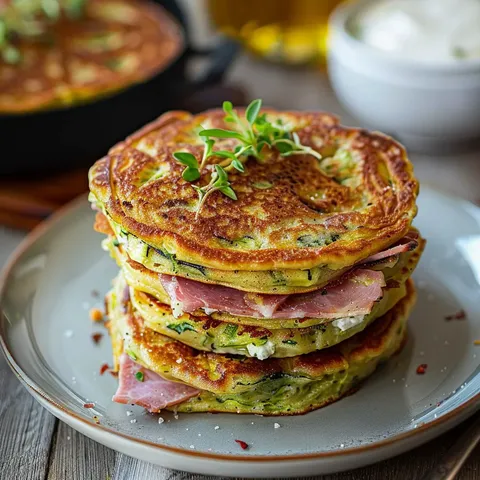 Pancakes gourmands garnis de courgette, chèvre et jambon