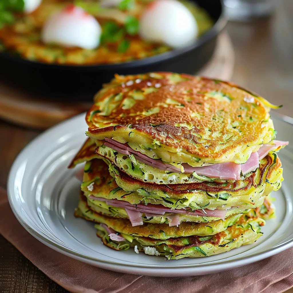 Pancakes salés courgette garnis de chèvre et jambon