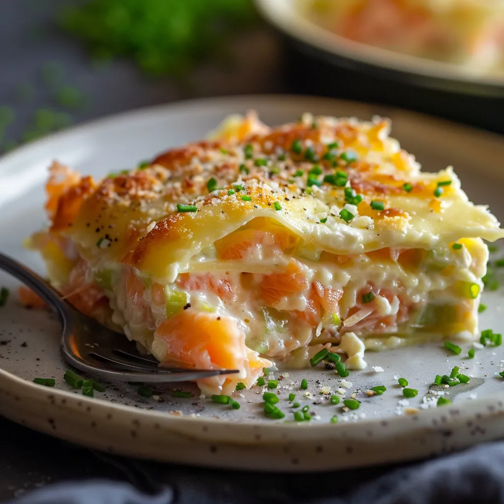 Ravioles gratinées avec saumon et poireaux fondants