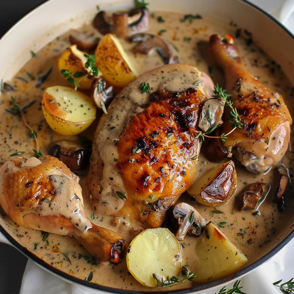 Délicieux poulet rôti aux herbes avec vin blanc