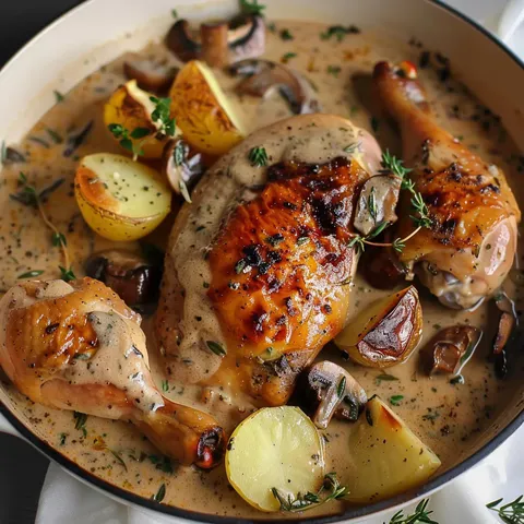Délicieux poulet rôti aux herbes avec vin blanc