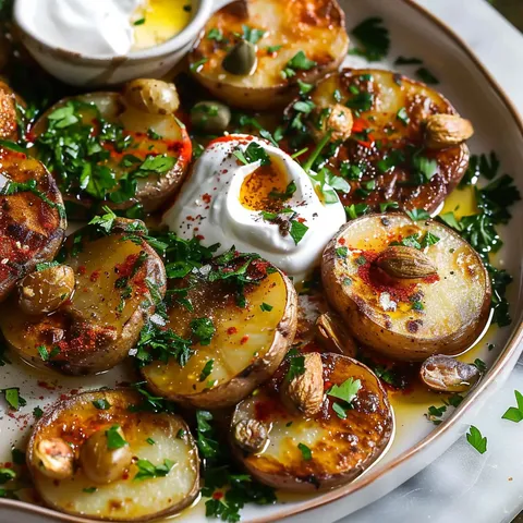 Pommes de Terre avec Huile Parfumée, Yaourt et Salsa aux Herbes