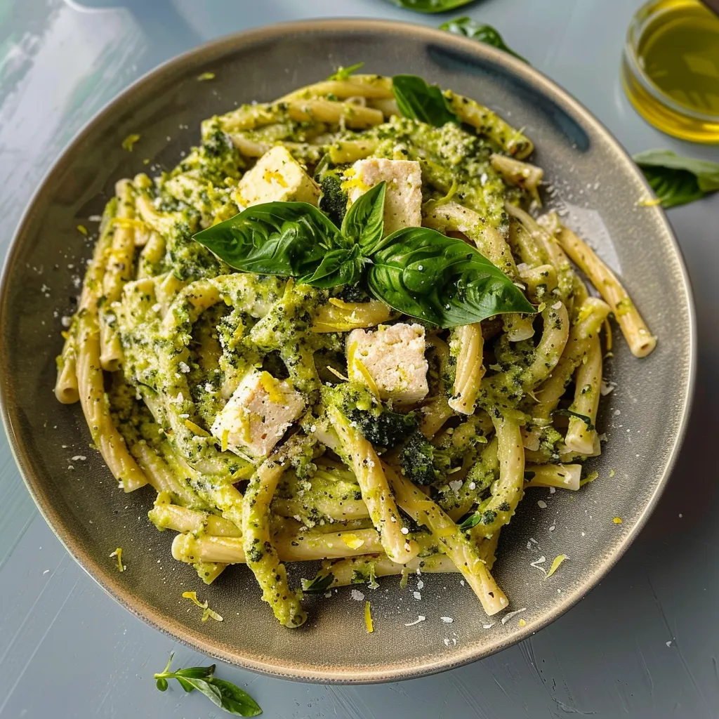 Pâtes au Pesto de Brocoli et Tofu Citronné - Recette Végétalienne Innovante