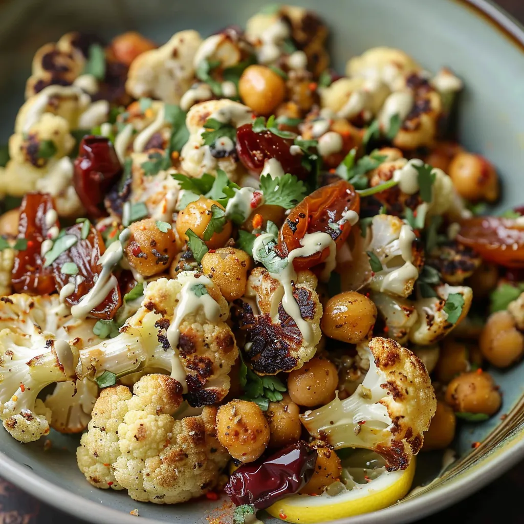 Chou-fleur rôti, pois chiches et dattes