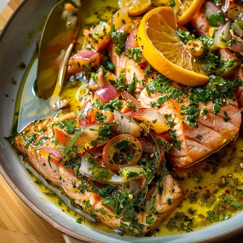 Saumon Tendre avec Salsa Verte et Éclats d'Agrumes