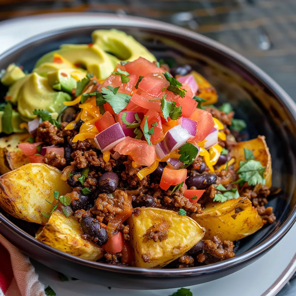 Gros plan d'un bol Tacos bœuf et pommes de terre