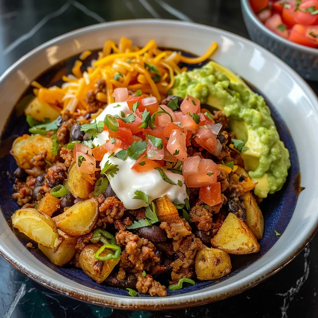 Bol mexicain coloré avec bœuf haché, patates et garnitures fraîches