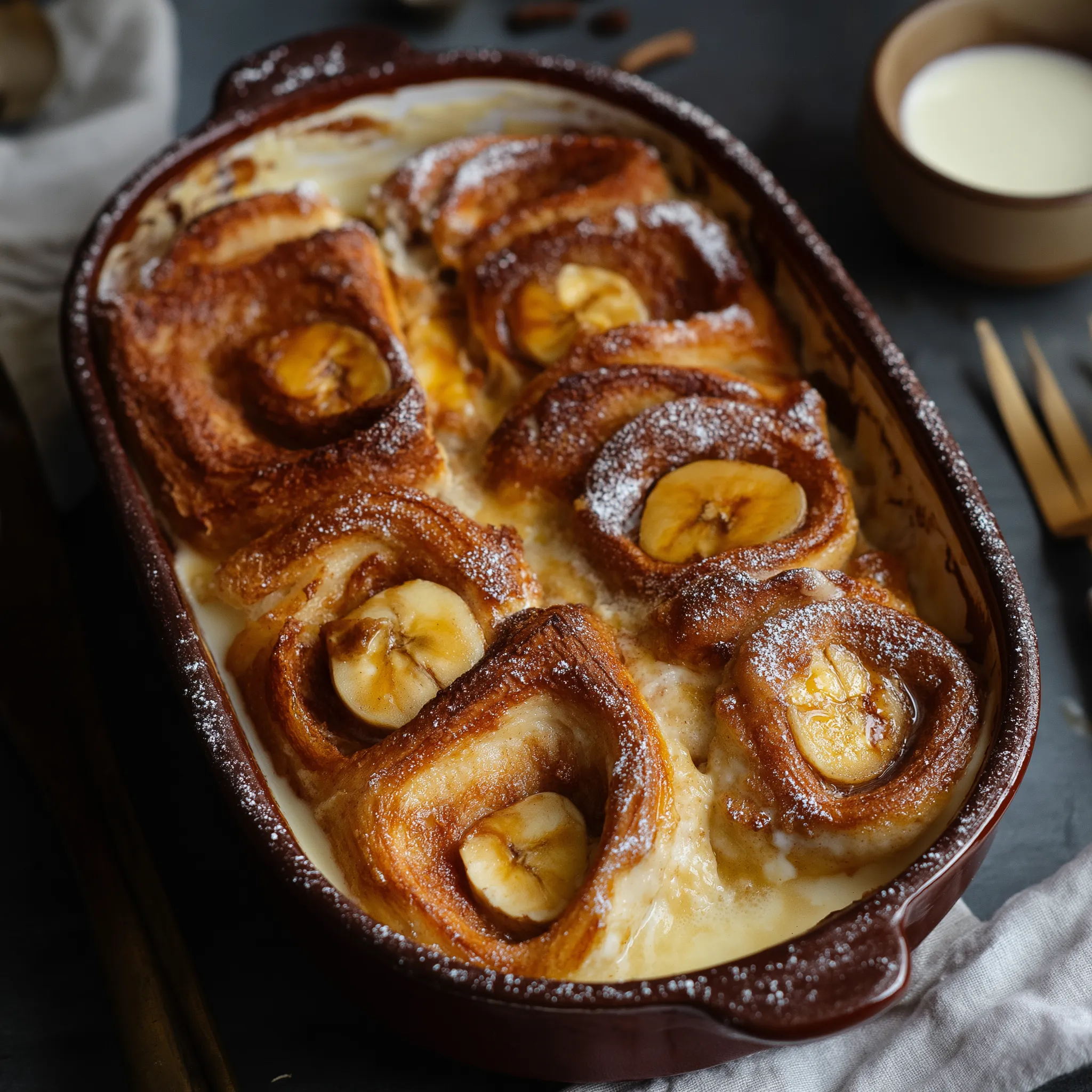 Dessert moelleux fait de brioche et bananes