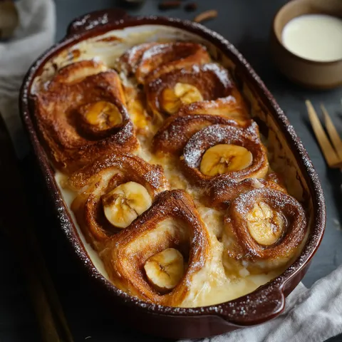 Dessert moelleux fait de brioche et bananes