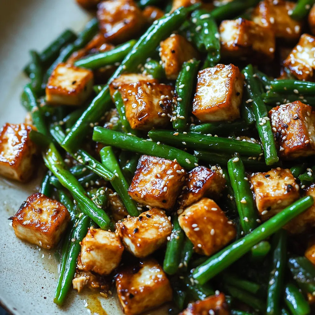 Tofu croquant avec haricots verts et ail