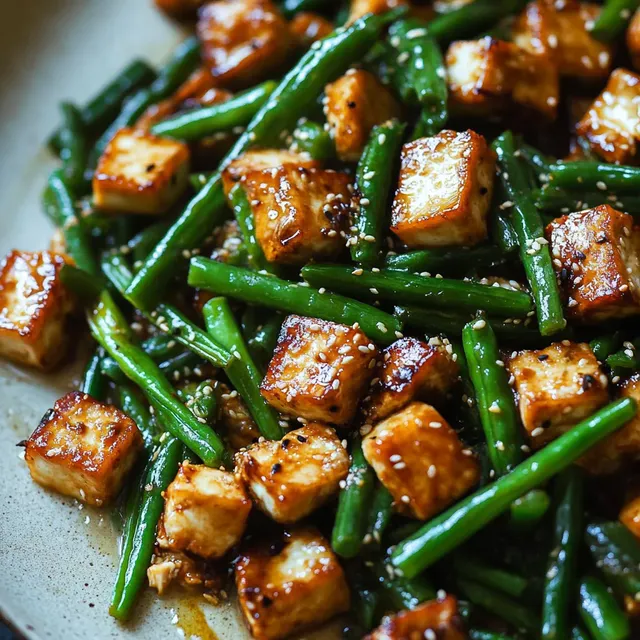 Tofu croquant avec haricots verts et ail