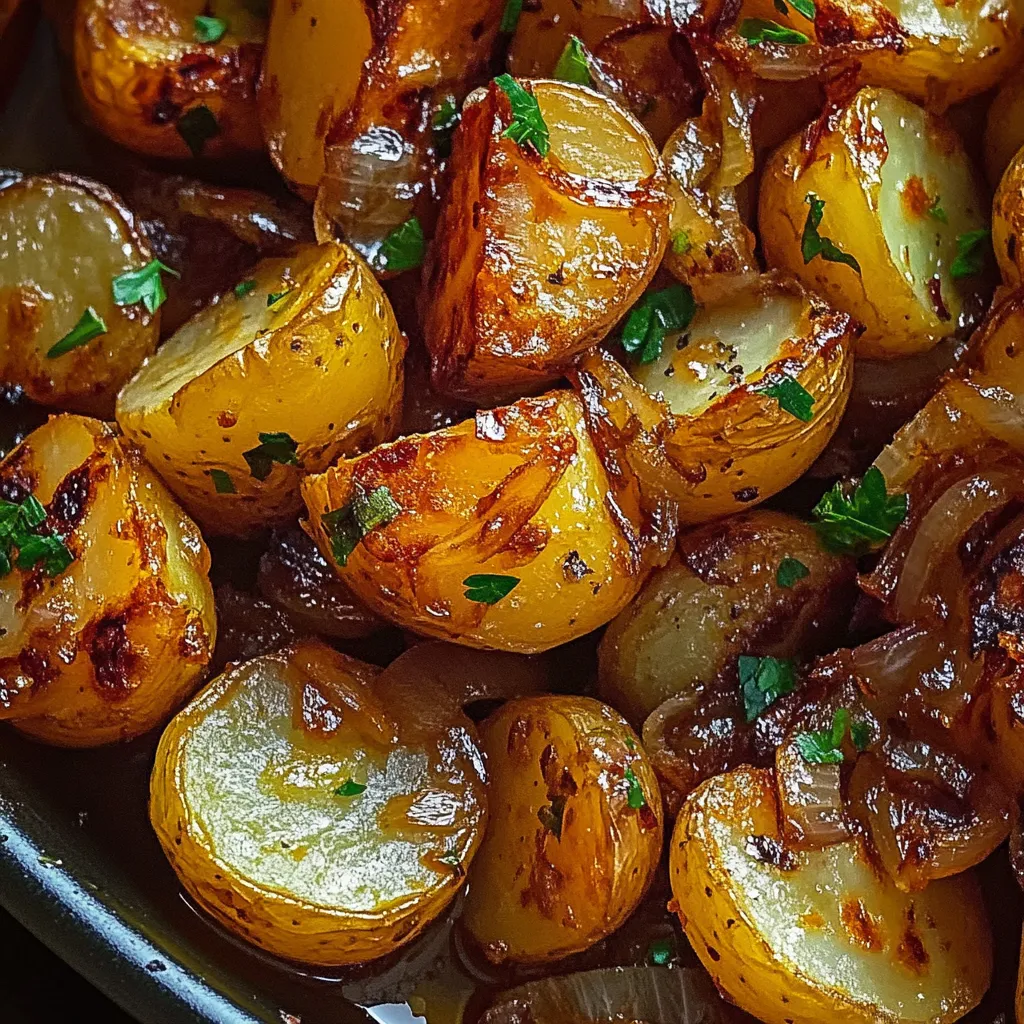 Pommes de terre croustillantes et oignons dorés au four