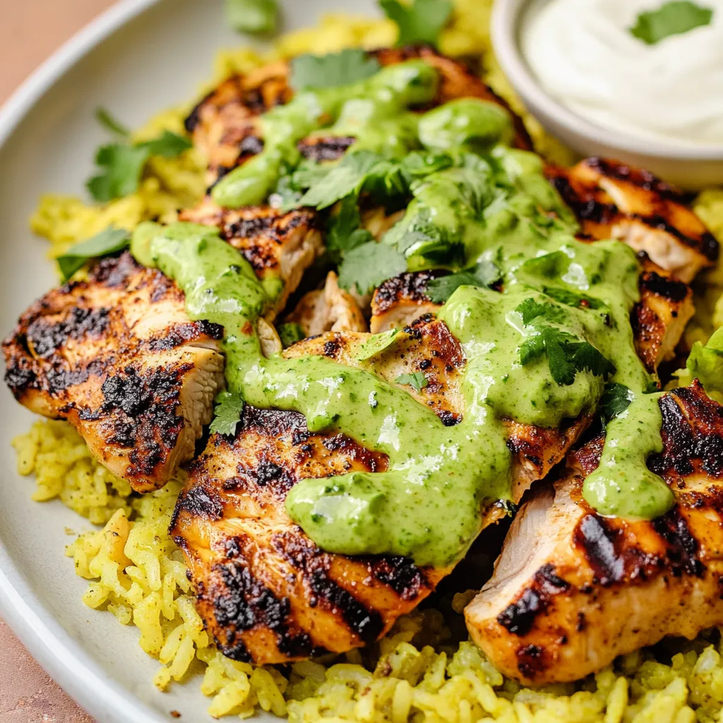 Poulet savoureux avec riz épicé et sauce verte