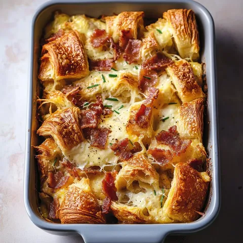 Délicieux Gratin de Croissants au Bacon et Fromage pour un Brunch Gourmand