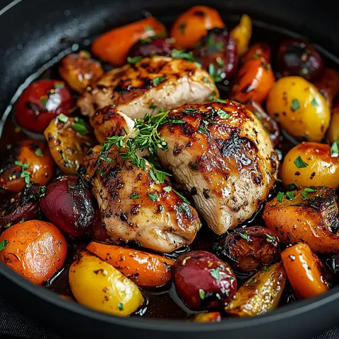 Plat de poulet balsamique avec légumes variés en une seule poêle