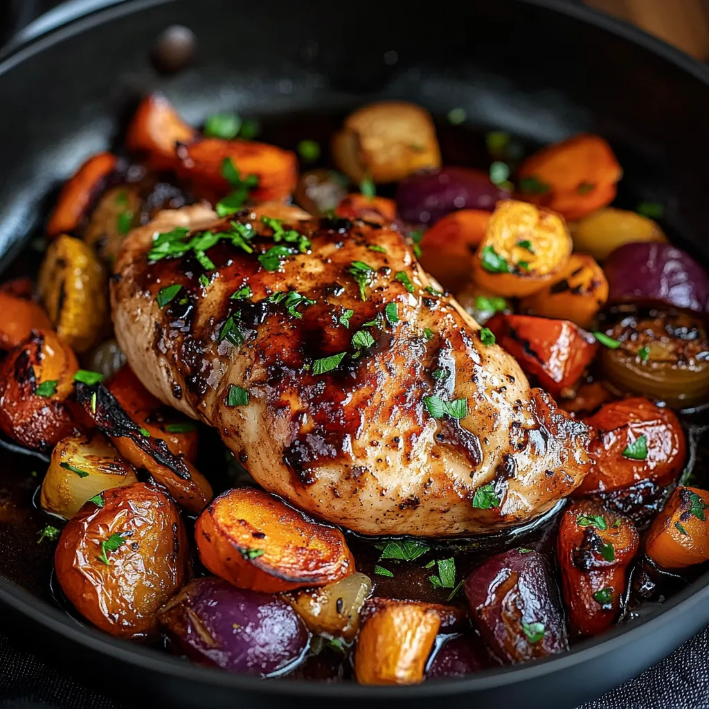 un plat ultra simple de poulet balsamique avec légumes rôtis