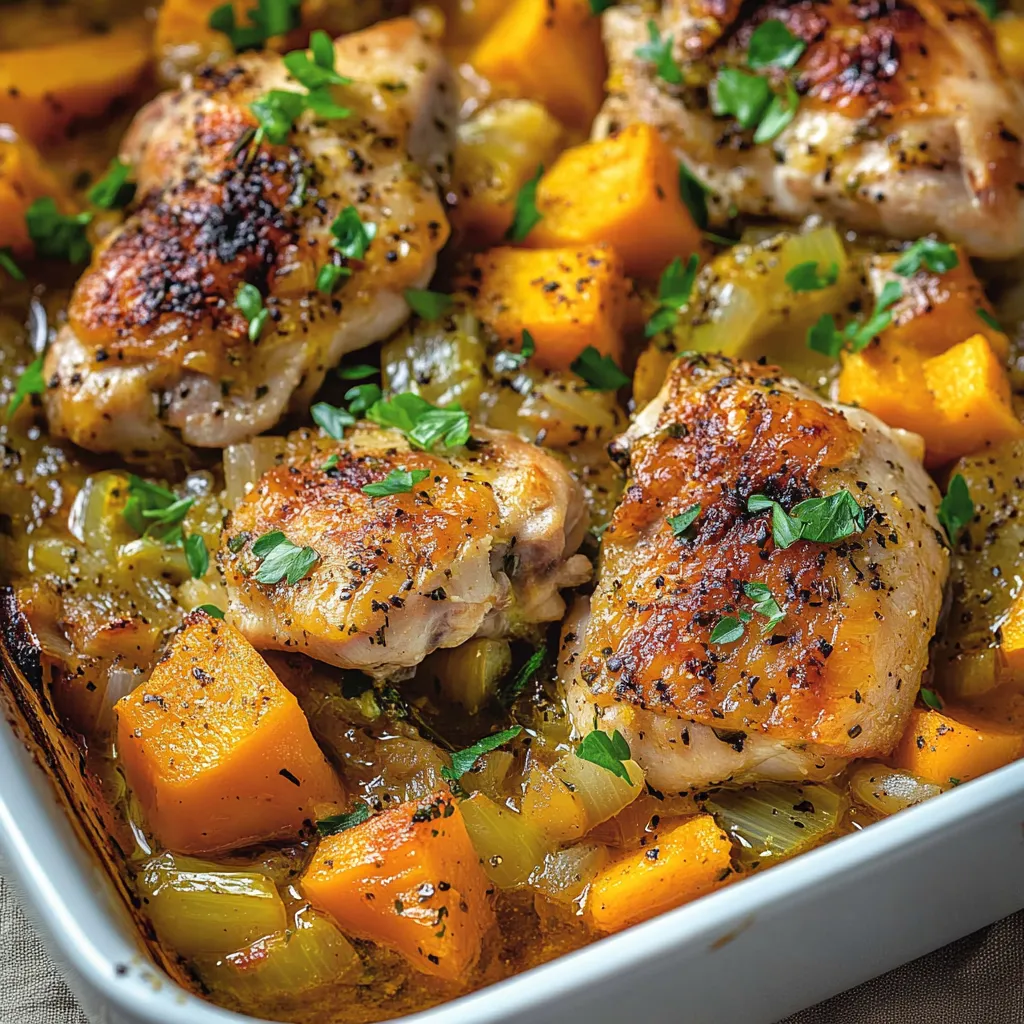 un gratin chaud de poulet, poireaux et butternut rôtis au four,