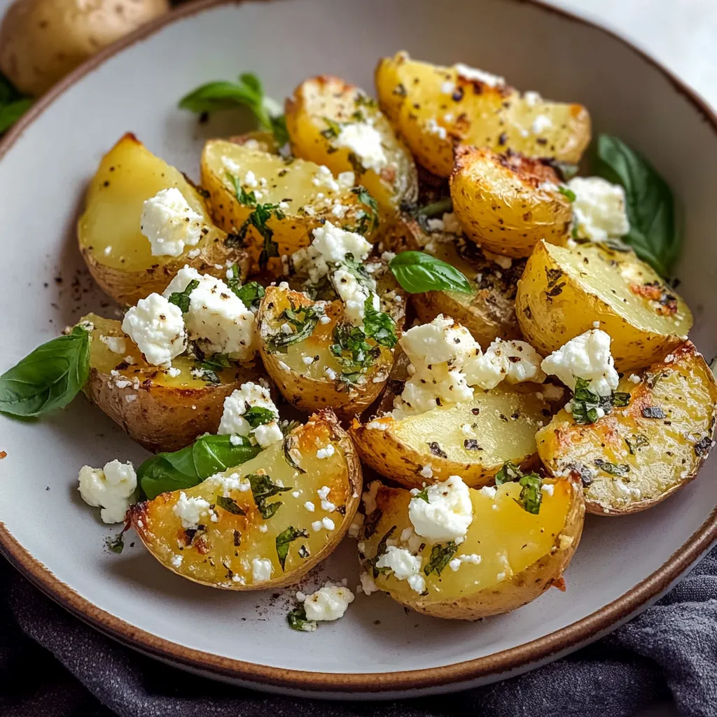 un grand plat plein de pommes de terre dorées et de feta crémeuse