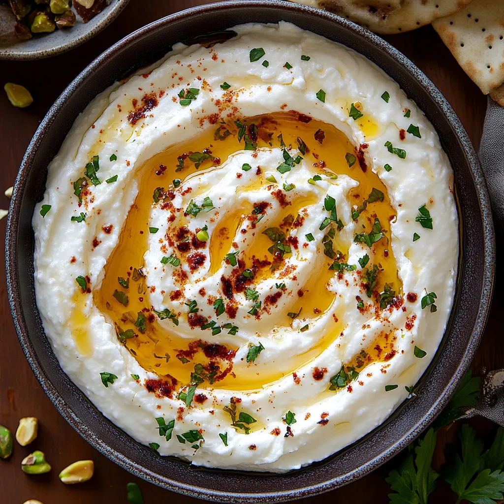 feta fouettée super crémeuse nappée de miel au piment, décorée de pistaches et d'herbes fraîches