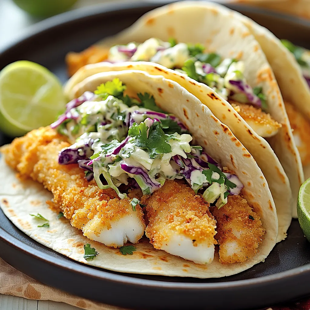 Tacos garnis de poisson pané croustillant et d'une salade chou frais citron vert coriandre