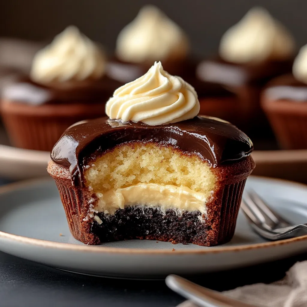 cupcakes Boston Cream fourrés à la crème vanille et nappés de chocolat