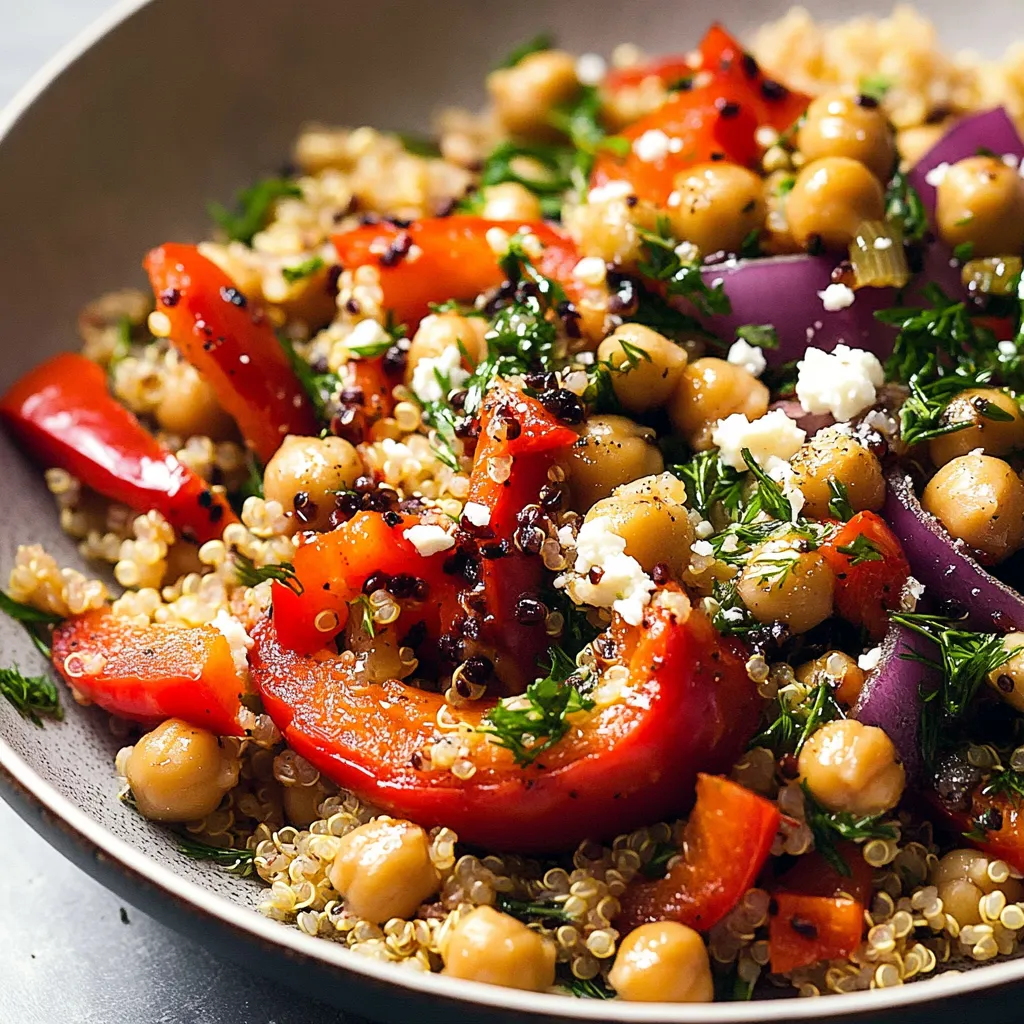 Salade gourmande où le quinoa, les poivrons rouges rôtis et pois chiches se mélangent