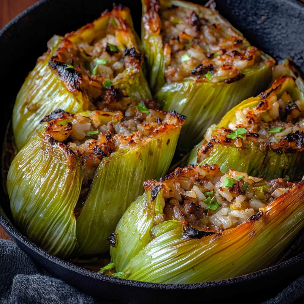 Feuilles de poireau roulées avec riz, viande et herbes