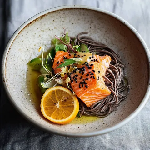 Soba et saumon avec vinaigrette aux agrumes