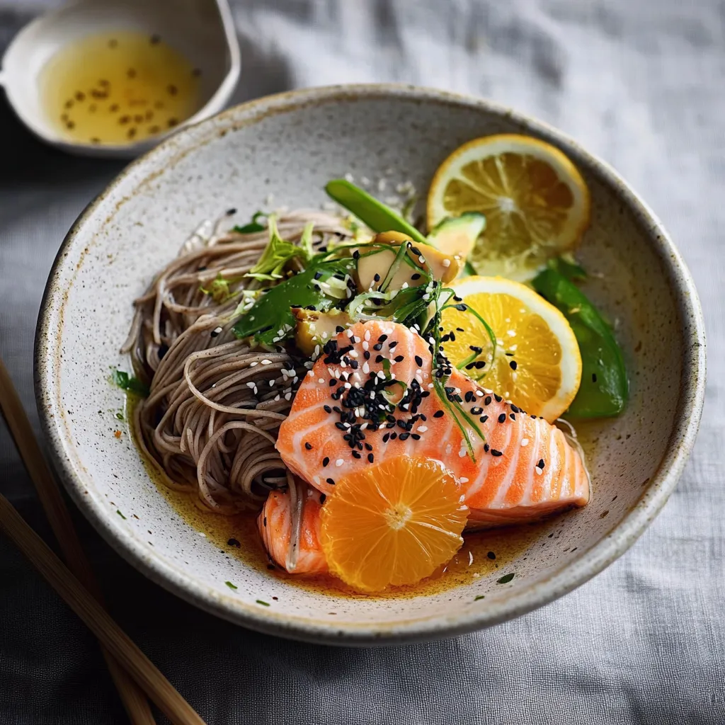 Soba au Saumon, Haricots Verts et Sauce Agrumes-Gingembre