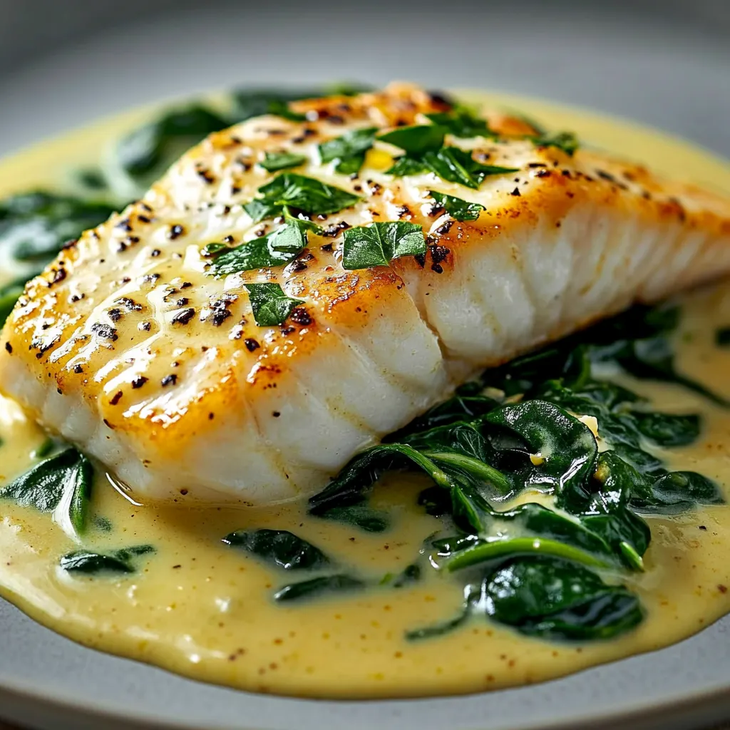Poisson fumé sur des épinards fondants et nappé de sauce moutarde