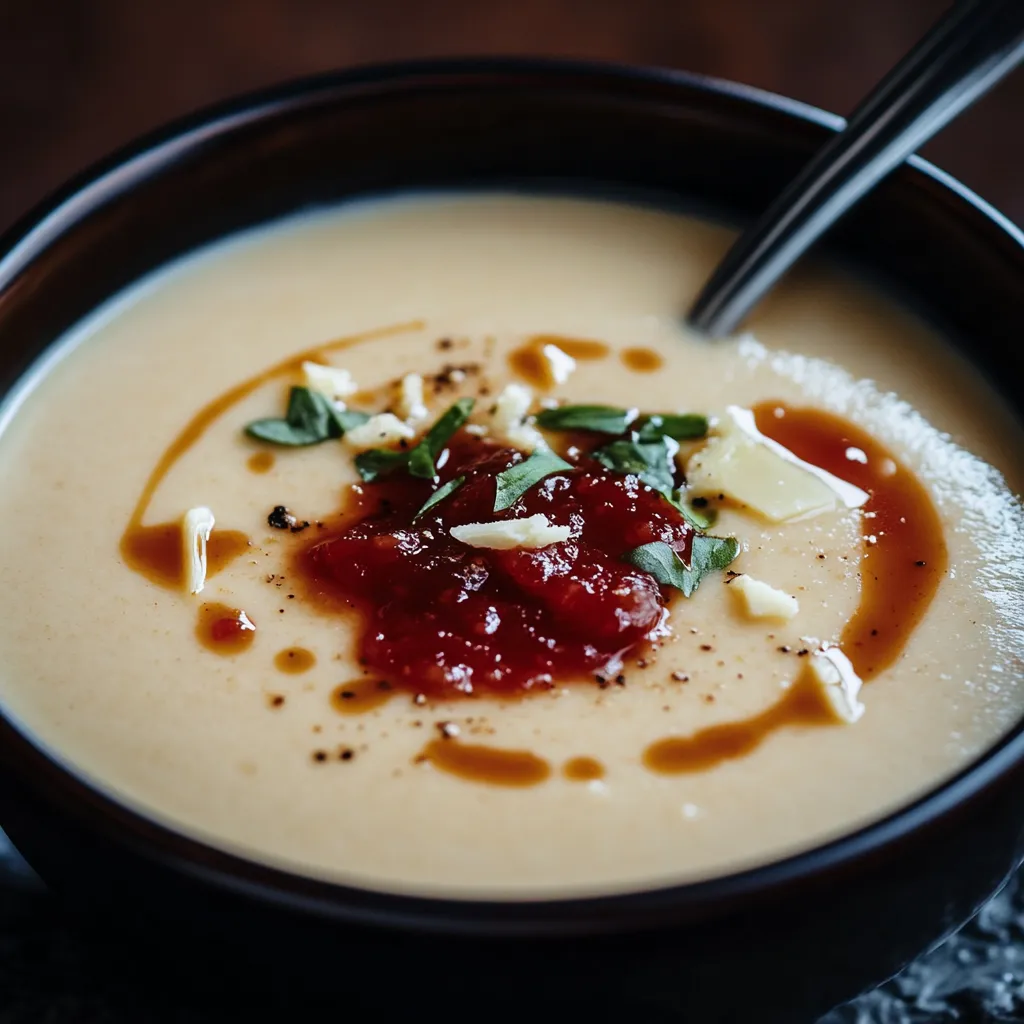 Soupe crémeuse Asiago, pommes de terre et confiture de tomates