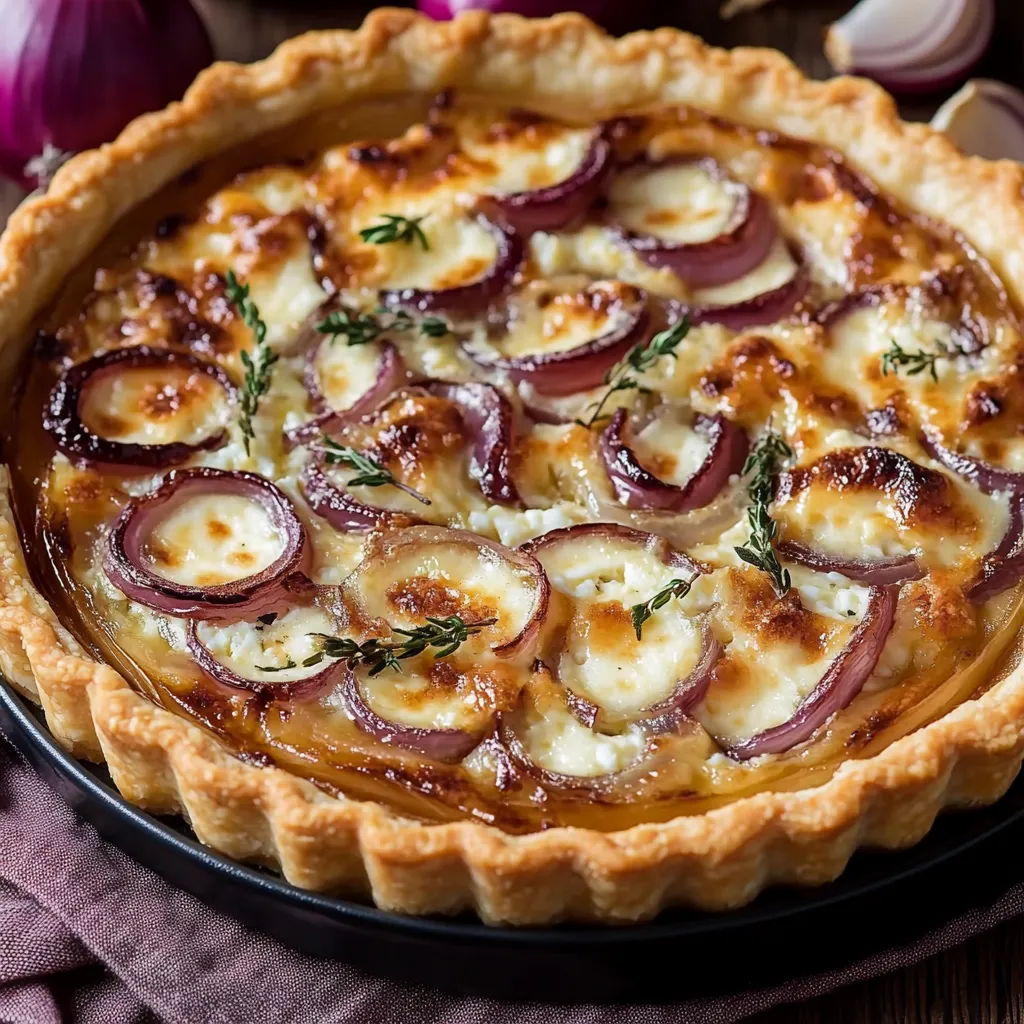 Tarte rustique élégante, toute en fondant, avec fromage blanc et oignons caramélisés