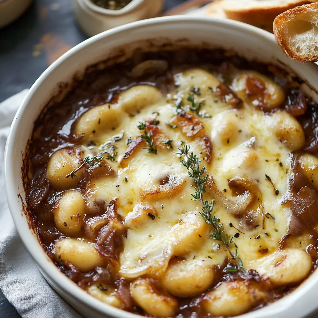 Plat doré de gnocchis au fromage et oignons fondants