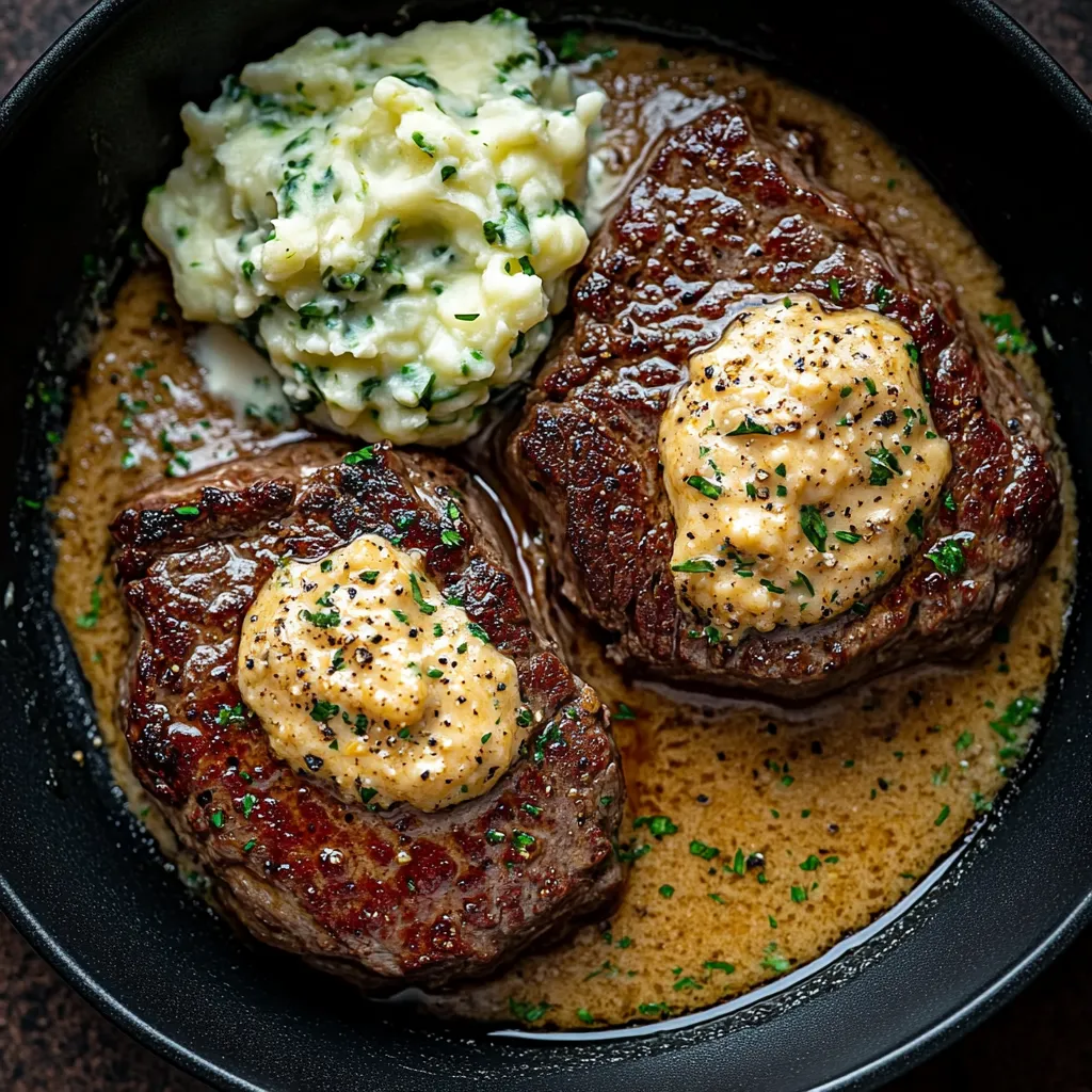 Délicieux steaks avec sauce whisky et purée colcannon