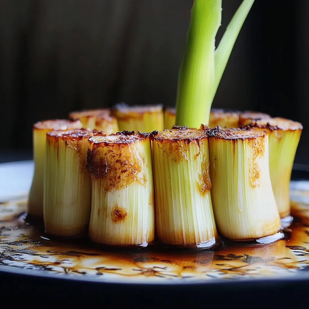 Poireaux tendres braisés dans un bouillon doux au miso et légumes