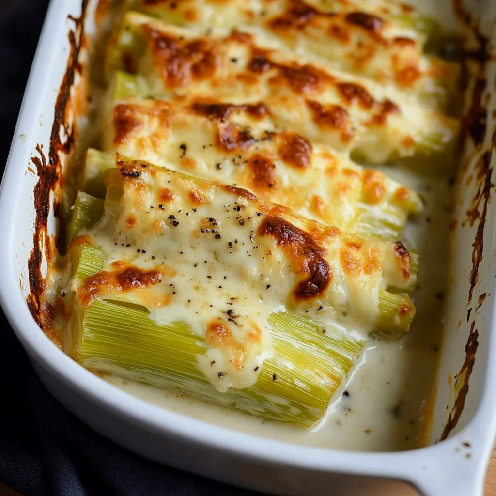 Poireaux moelleux gratinés au Comté et Emmental bien dorés, nappés d'une béchamel fondante.