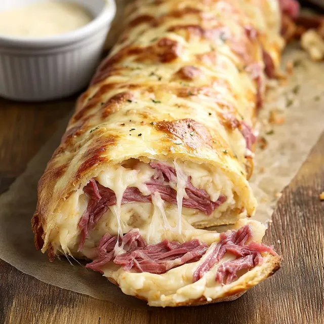 Délicieux stromboli au bœuf, fromage suisse et chou