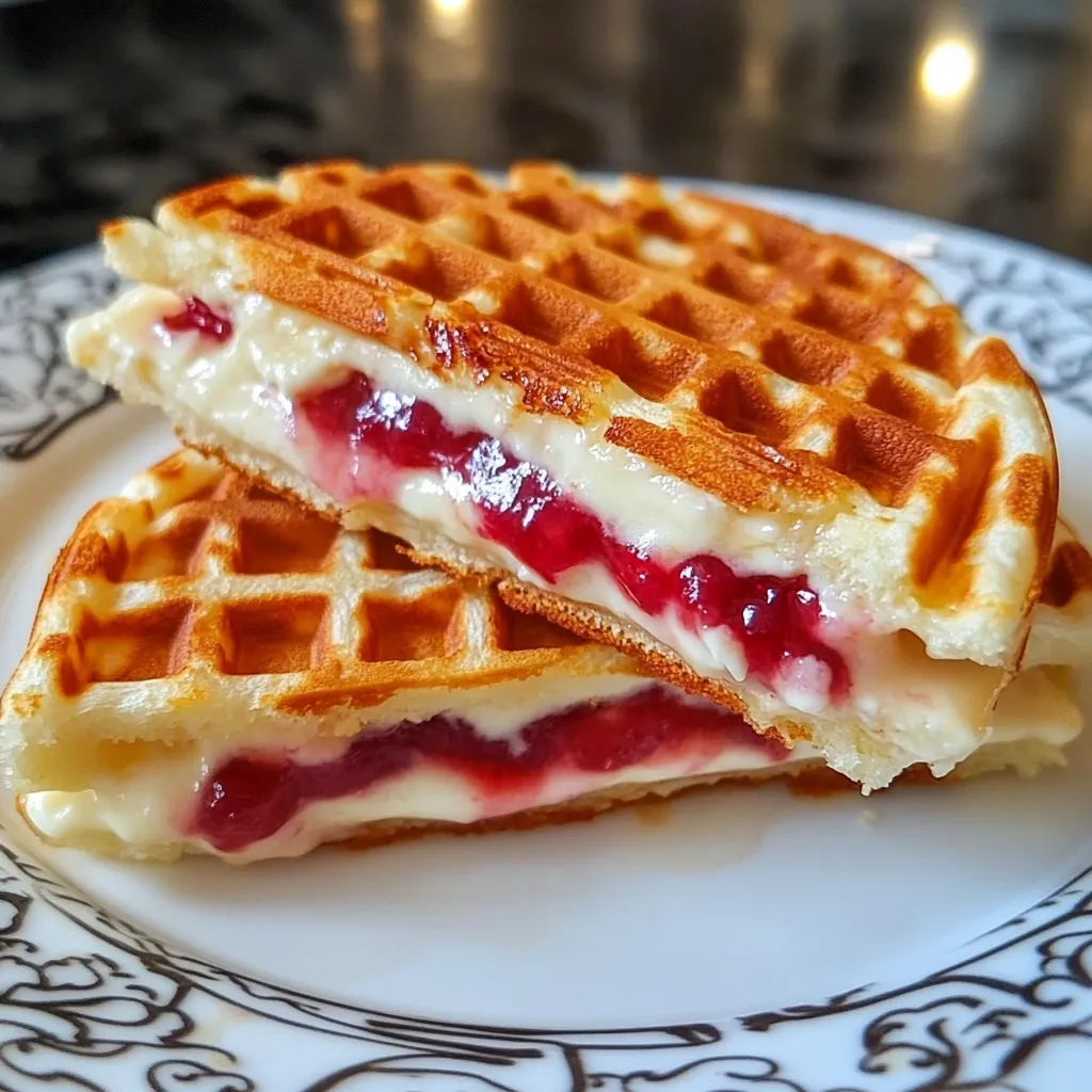 Sandwich sucré tout chaud avec gaufres grillées et fromage fondant