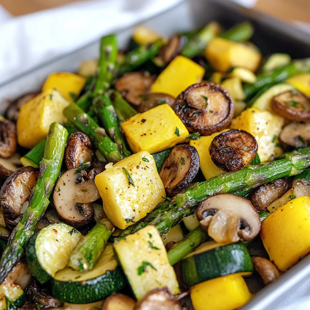 Légumes rôtis : asperges, courgettes et courge jaune