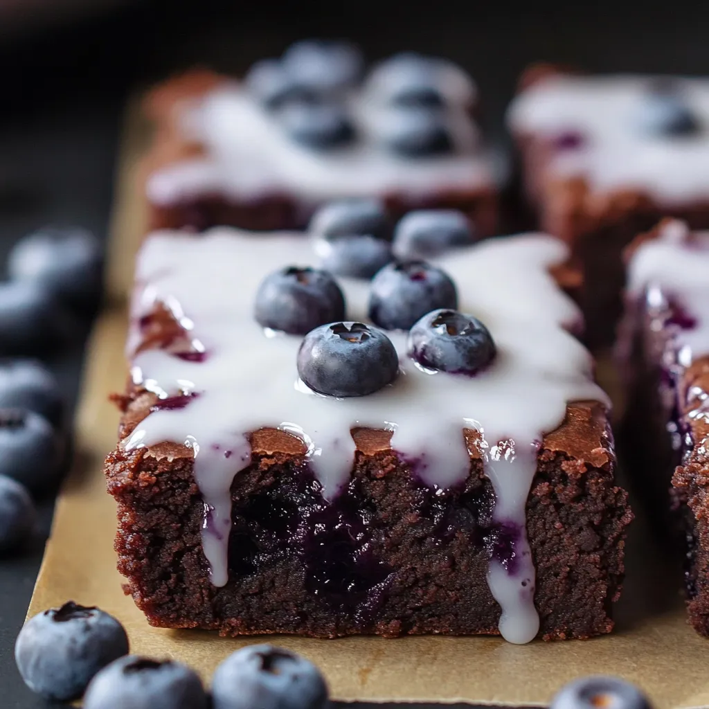 Brownies ultra fondants aux myrtilles nappés de glaçage