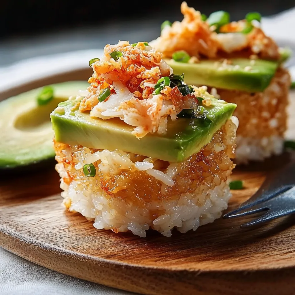 Du riz grillé doré avec avocat frais et crabe épicé en topping, prêt à savourer