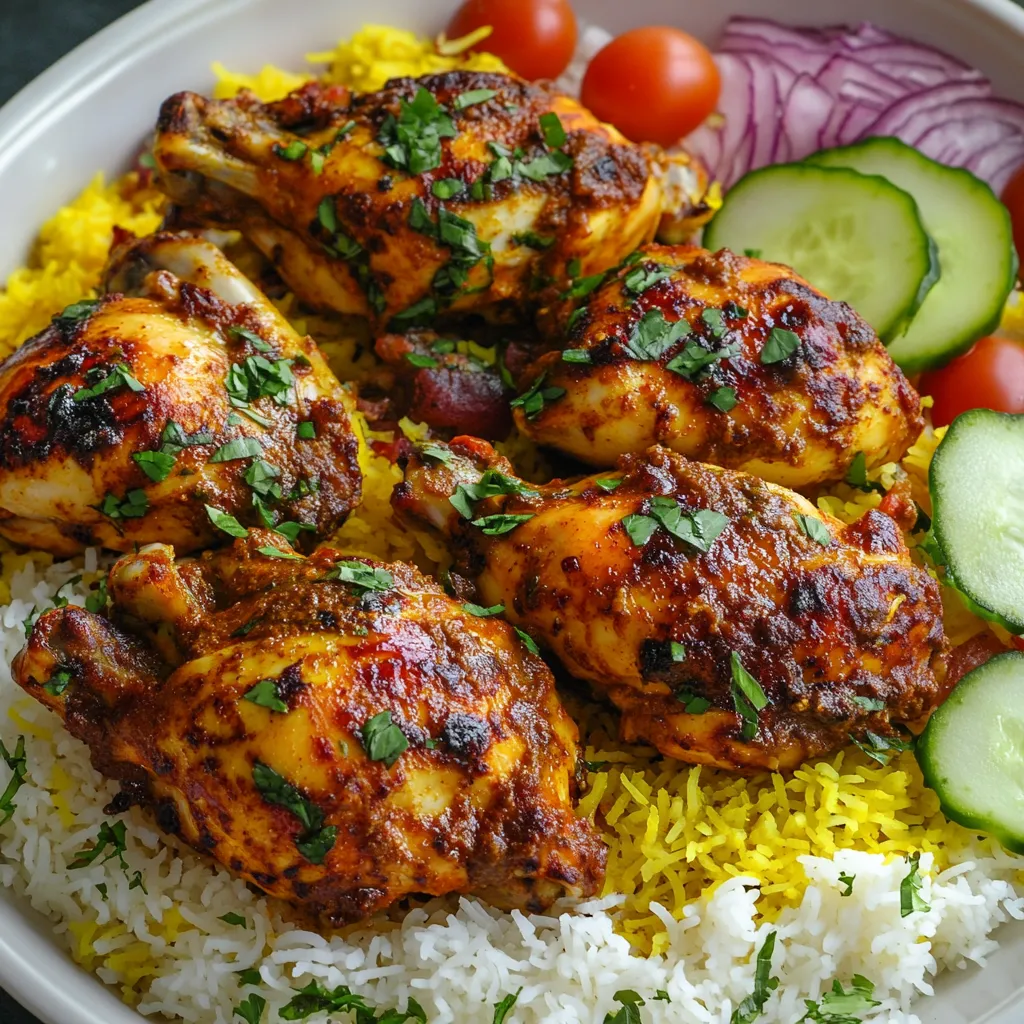 Un plat de poulet persan safrané avec son riz jaune et salade Shirazi à préparer à la maison