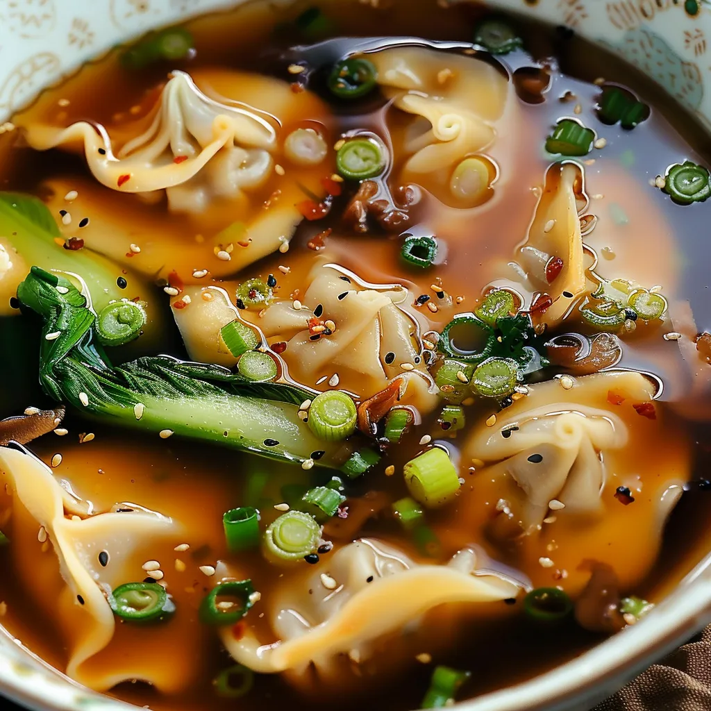 Bol gourmand de soupe aux raviolis et légumes