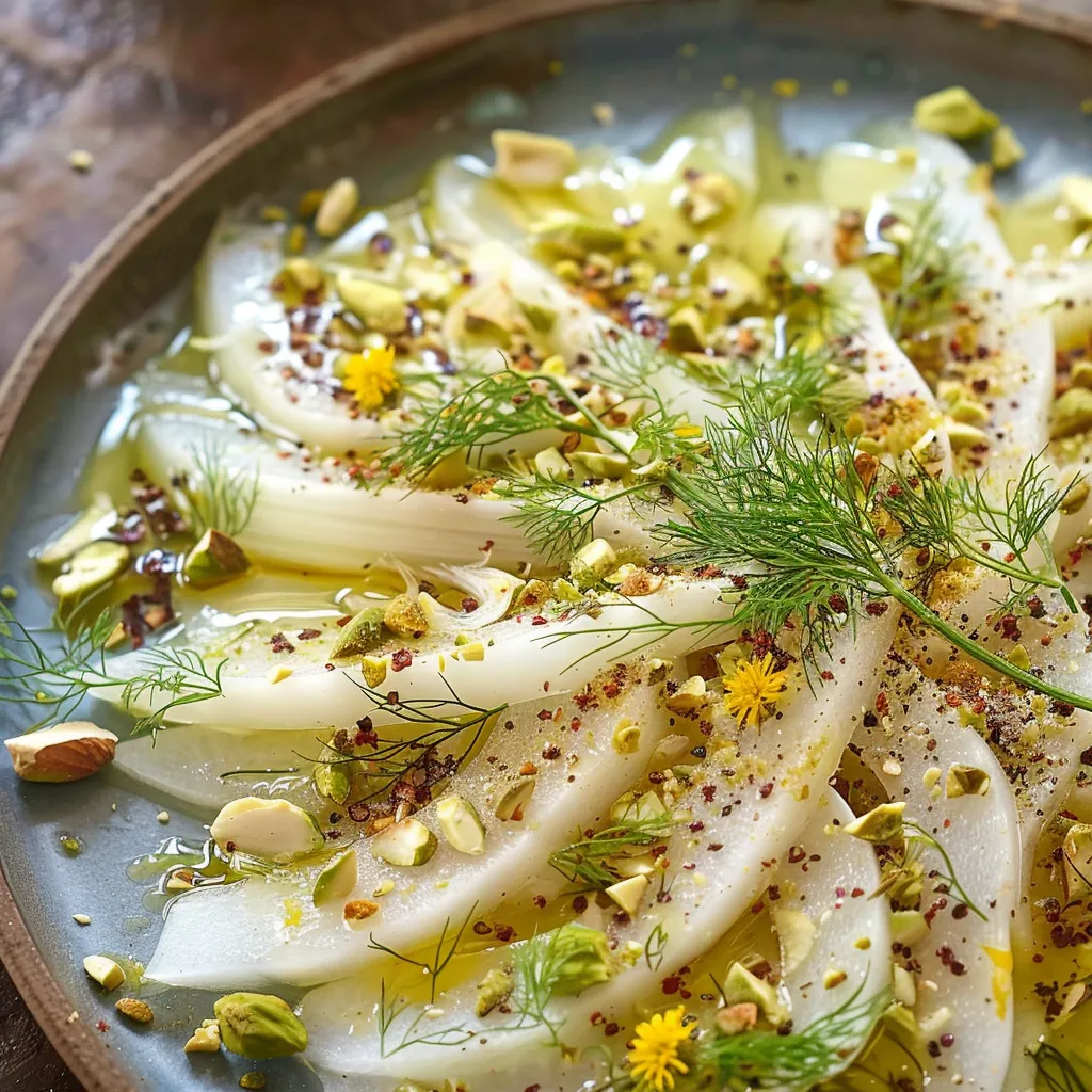 Facile carpaccio fenouil sumac pistaches frais et élégant
