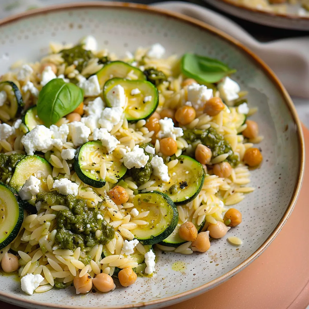 Bol d’orzo avec courgettes, pesto, feta toute douce